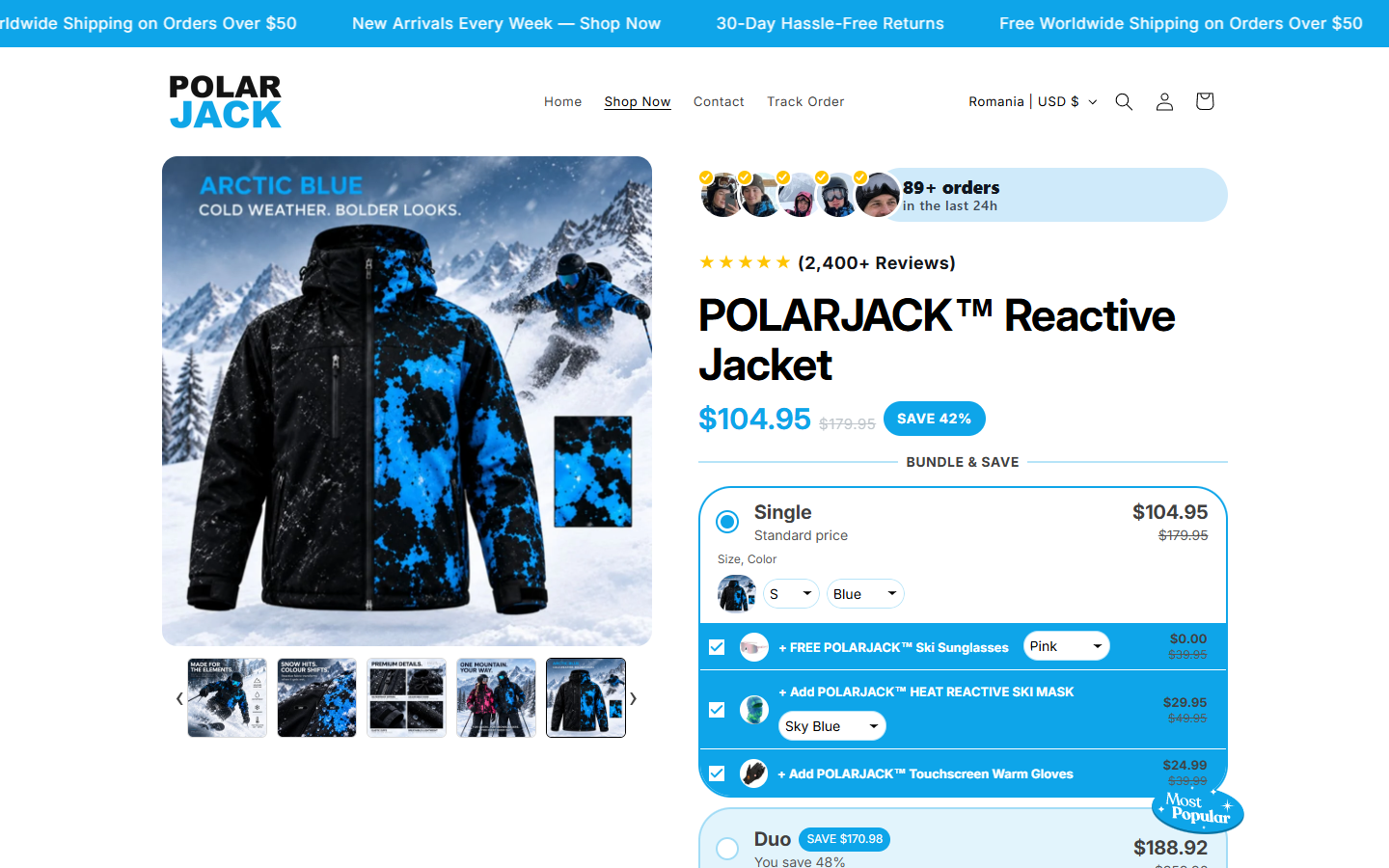 PolarJack reactive jacket product page showing the $104.95 jacket and selected paid accessory options