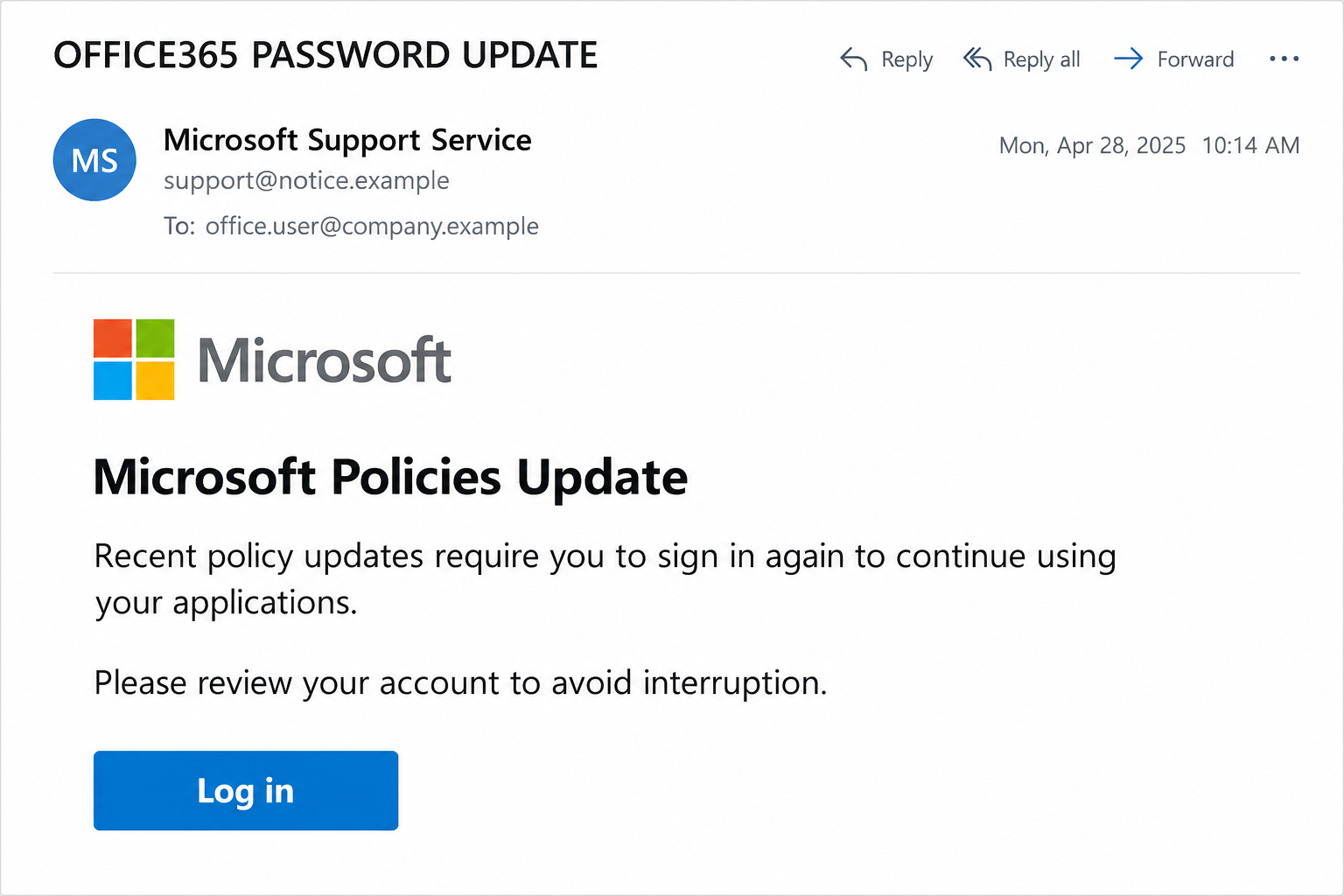 Microsoft Policies Update Email Scam: Fake Office 365 Password Warning 1 Illustrative Microsoft Policies Update email with an Office 365 password subject and Log in button
