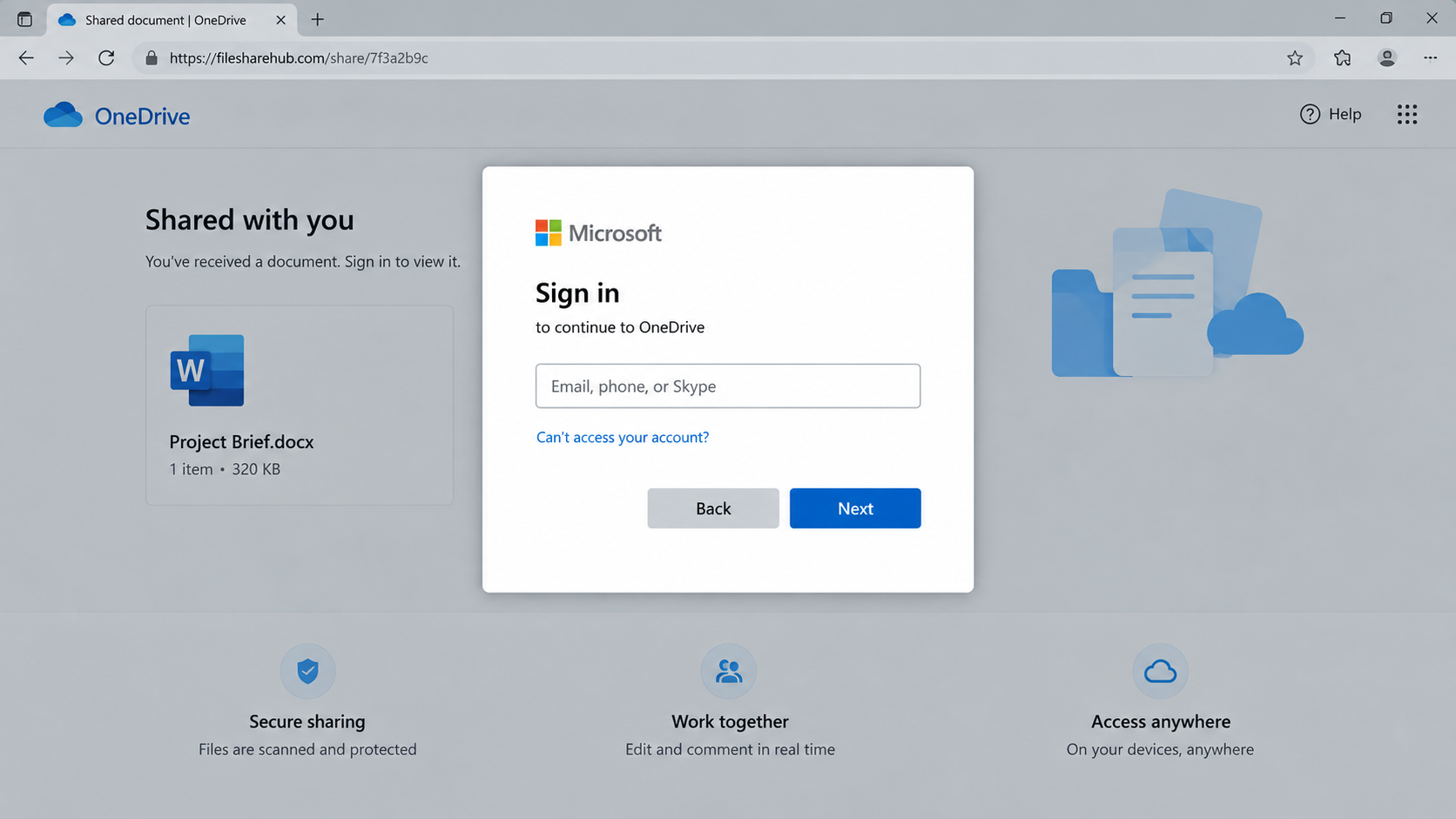 Fake AI Policy Invitation Phishing: How TA419 Steals Microsoft Sessions 2 Illustrative fake cloud-document sign-in overlay inside a browser page