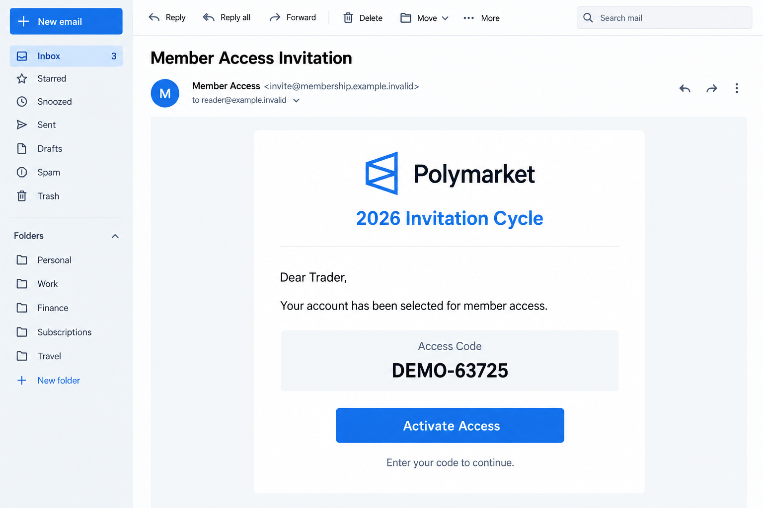 Illustrative Polymarket Member Access Invitation email with a fictional access code and activation button