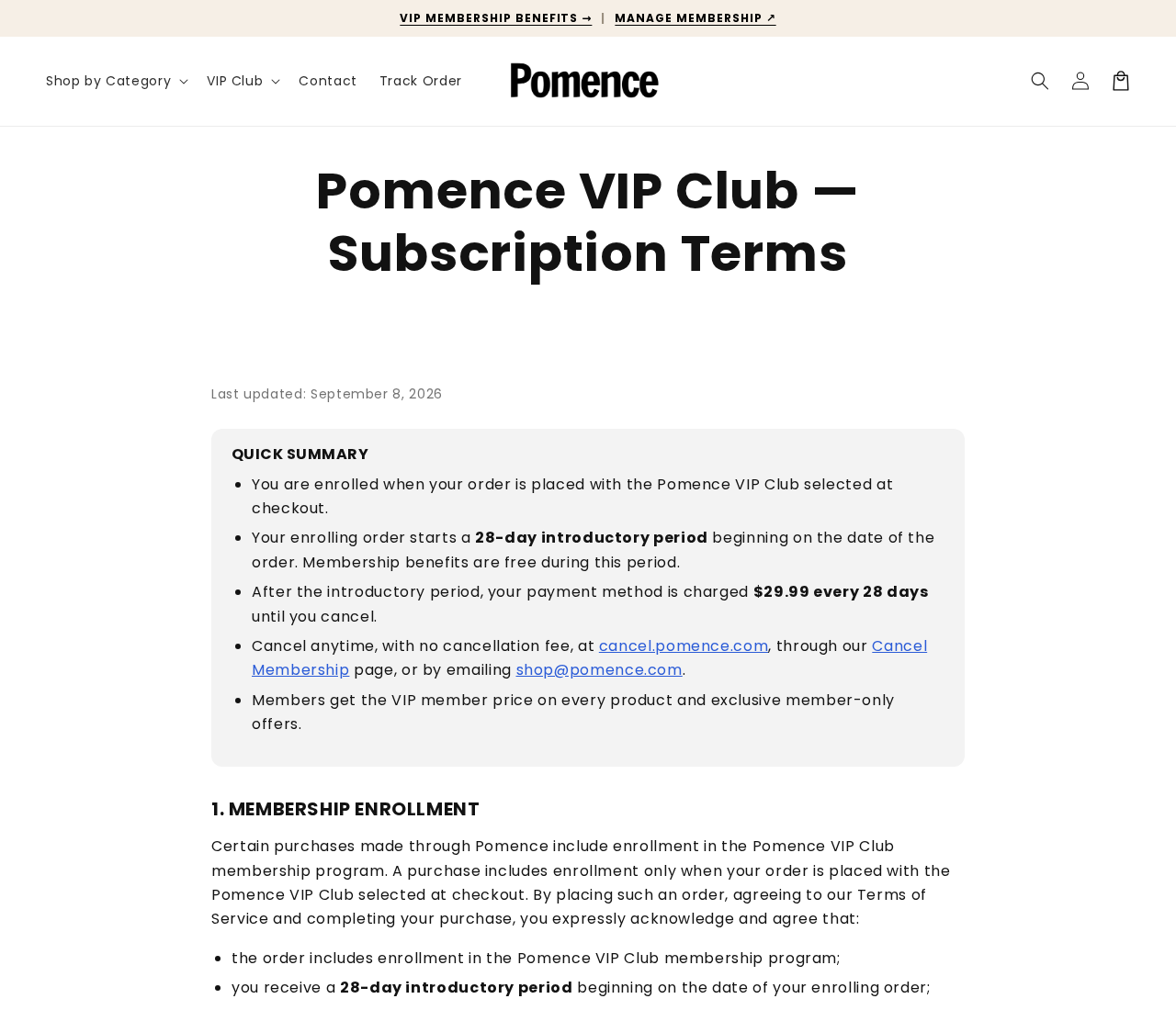 Pomence Review: $29.99 VIP Renewals, Cancellation and Sale Return Problems 2 Pomence VIP subscription terms showing a 28-day introductory period and $29.99 recurring membership charge