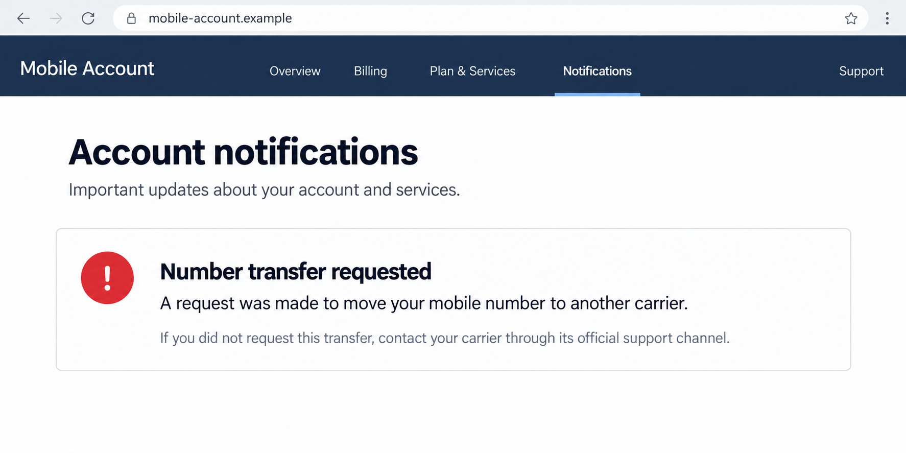 Illustrative carrier notification showing an unrequested transfer of a mobile number to another provider