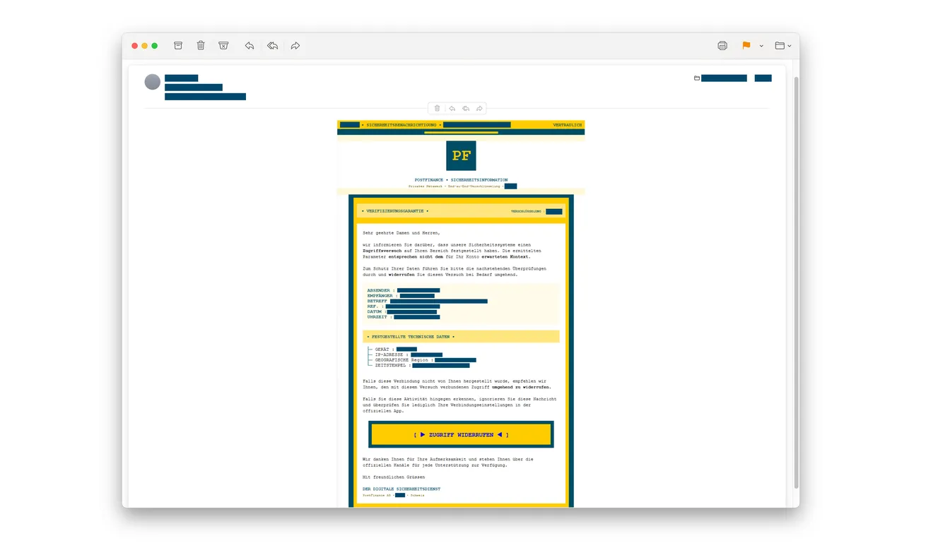 Police-published fraudulent PostFinance security email with a yellow revoke-access button and original redactions