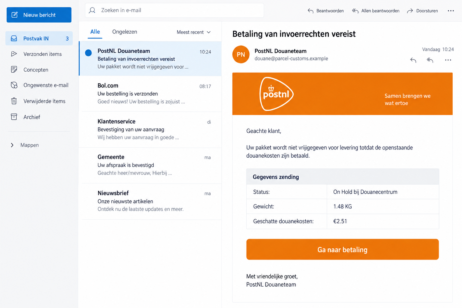 PostNL Customs Email Scam: A Tiny Import Fee Hides a Fake Payment Request 1 Illustrated PostNL customs phishing email showing a 2.51 euro charge and a payment button