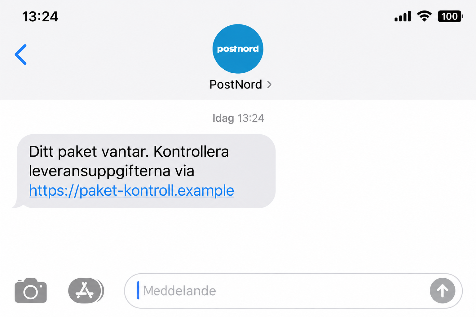 Illustration of a PostNord impersonation SMS asking the recipient to check delivery details through a fictional address