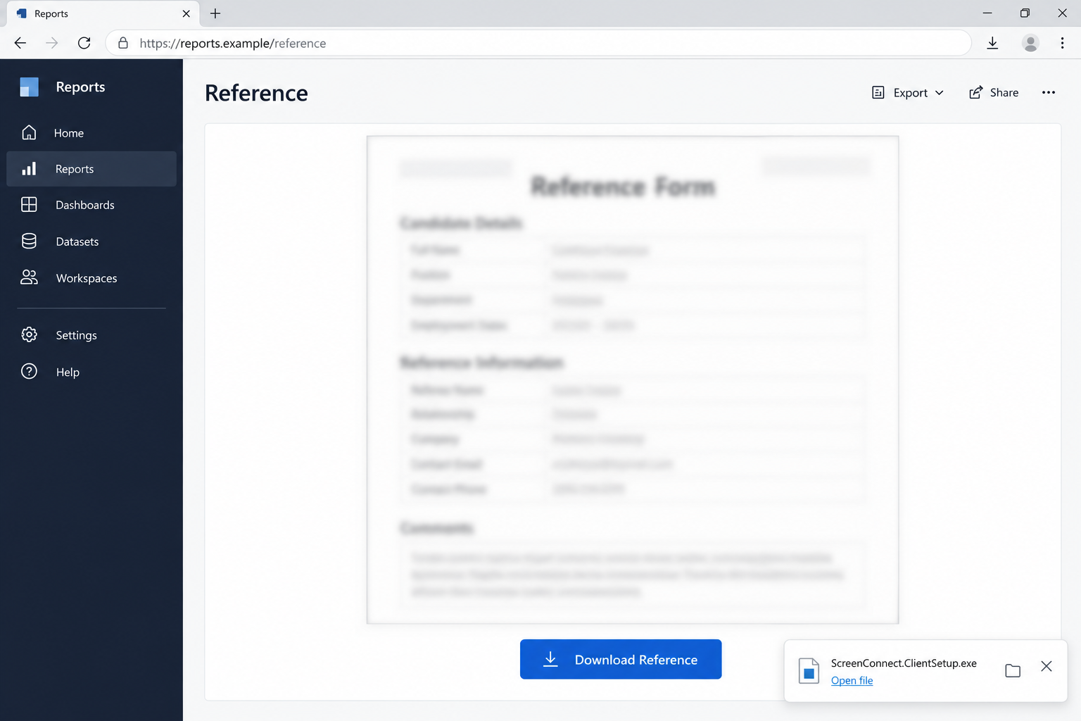 Illustrative reference document page with Download Reference button and a ScreenConnect installer in the download tray