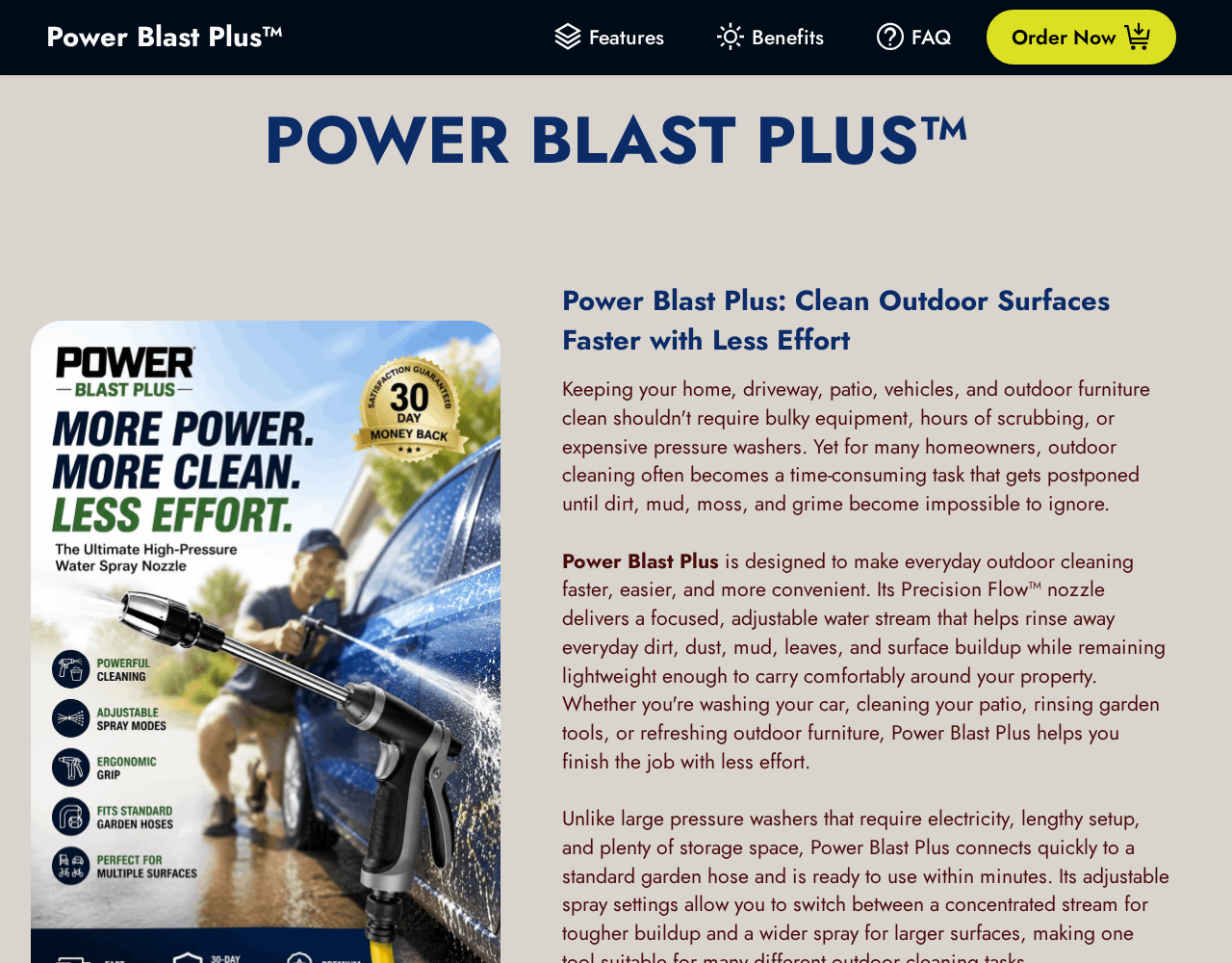 Power Blast Plus promotional page showing a garden-hose spray nozzle