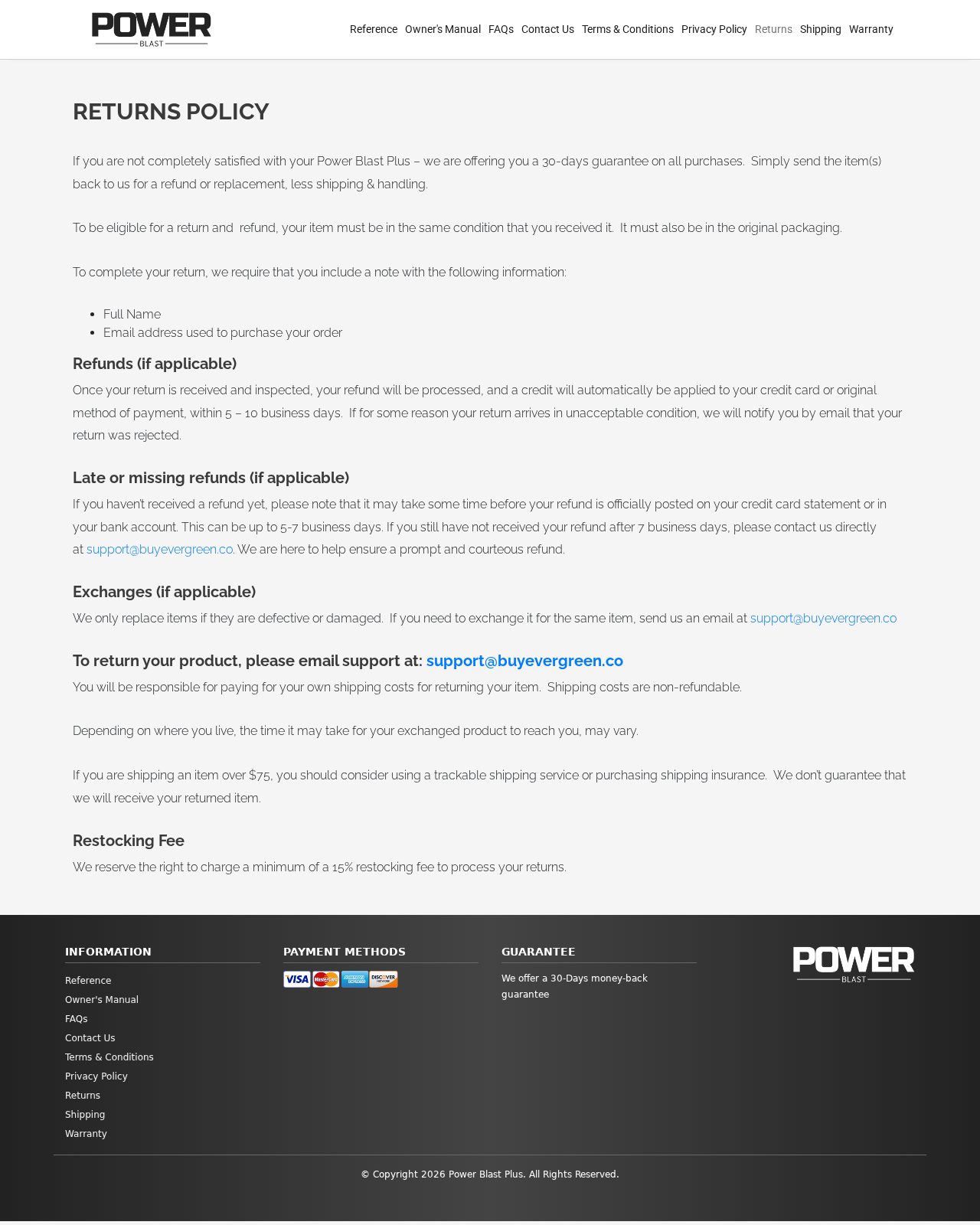 Power Blast Plus return policy showing customer-paid return postage and a minimum 15% restocking fee