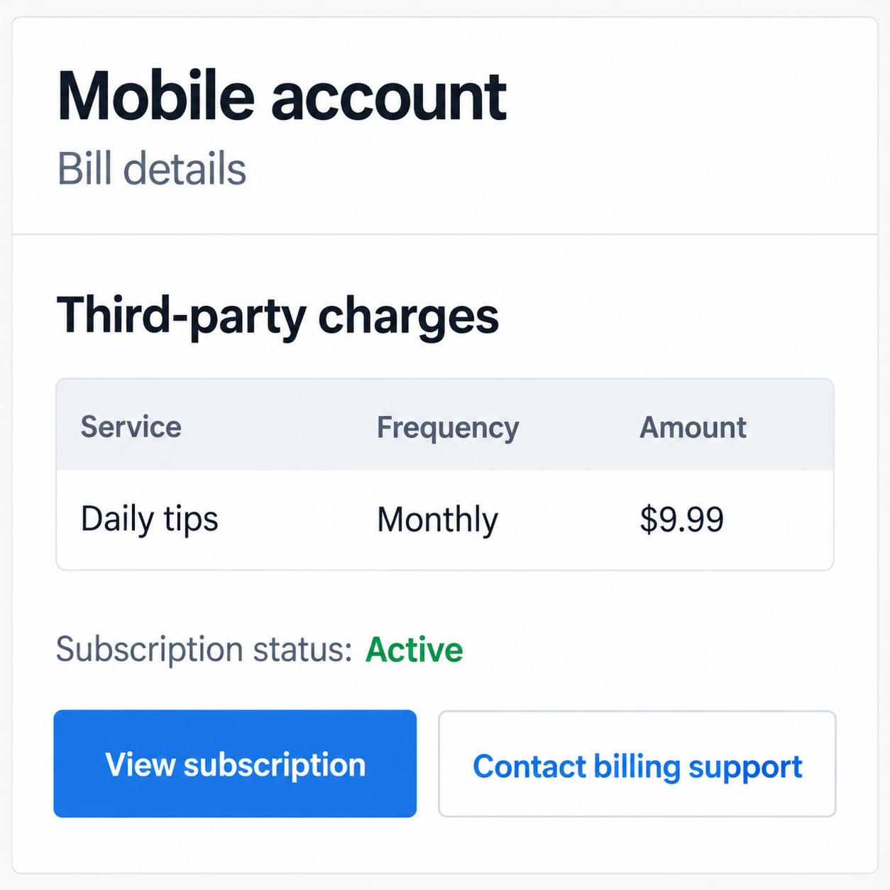 Premium SMS Subscription Scam: Hidden Android Charges on Your Phone Bill 2 Illustrative fictional mobile bill showing an active monthly third-party content service with an invented charge of $9.99