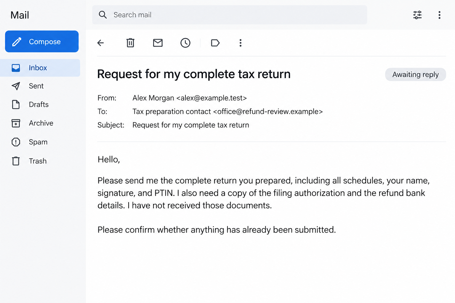 Ghost Tax Preparer Scam: The Big Refund Promise Hiding an Unsigned Return 2 Fictional illustrative email requesting the full tax return, preparer details, and refund information