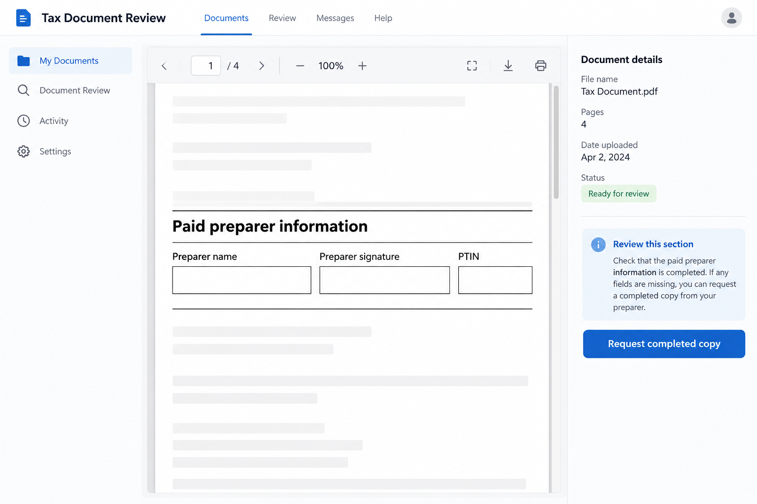 Ghost Tax Preparer Scam: The Big Refund Promise Hiding an Unsigned Return 1 Illustrative fictional tax review interface showing missing paid preparer identification and signature