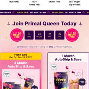 Primal Queen sales page presenting its first-order promotion and three-month auto-ship offer