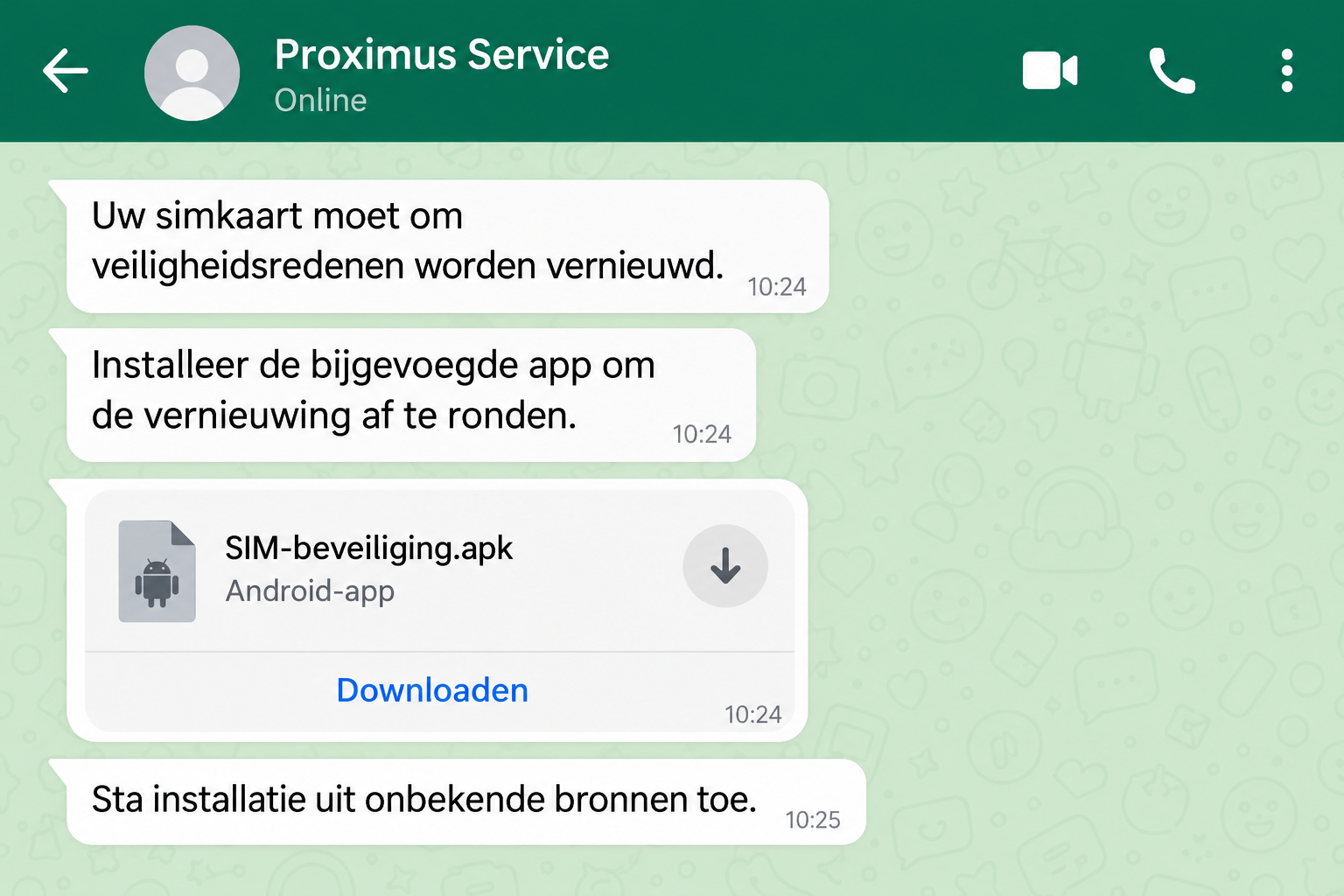 Proximus SIM Renewal Scam: A Fake Security Call Installs Banking Malware 1 Illustrated WhatsApp conversation showing a fake Proximus SIM renewal request and an Android APK attachment