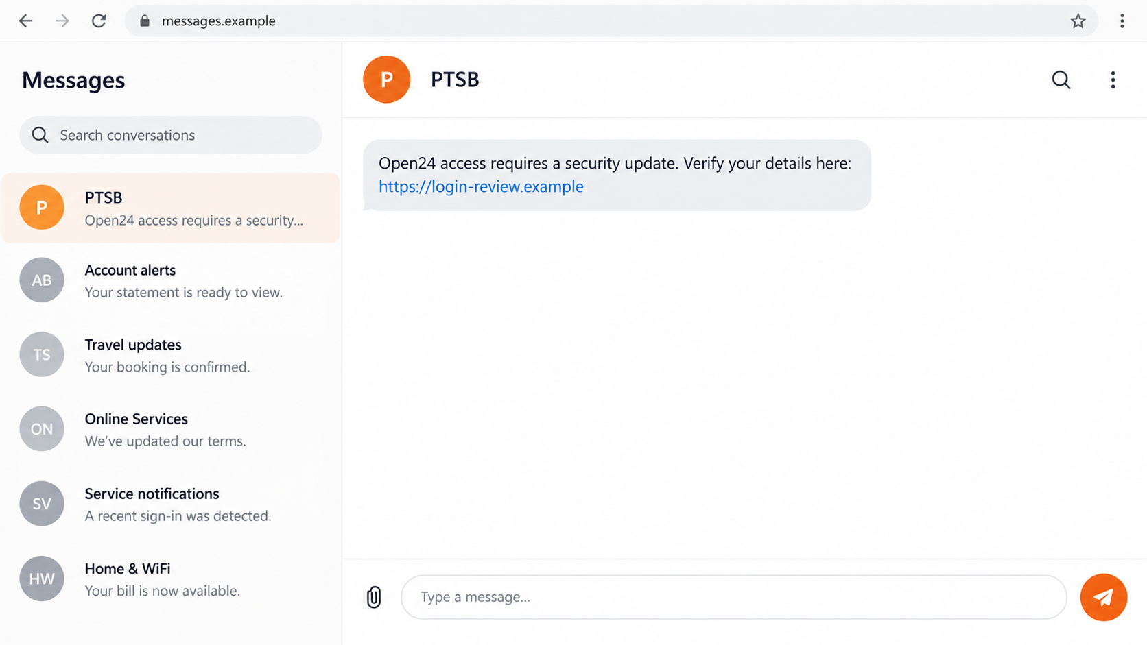 PTSB Scam Texts: The Fake Open24 Security Update That Steals Your Logins 1 Illustrative PTSB impersonation text directing the reader to a fictional Open24 security-update page