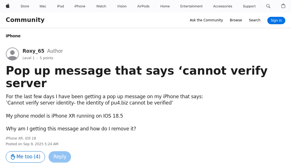 Apple Support Community post from an iPhone owner reporting a pop-up that says the identity of pu4.biz cannot be verified