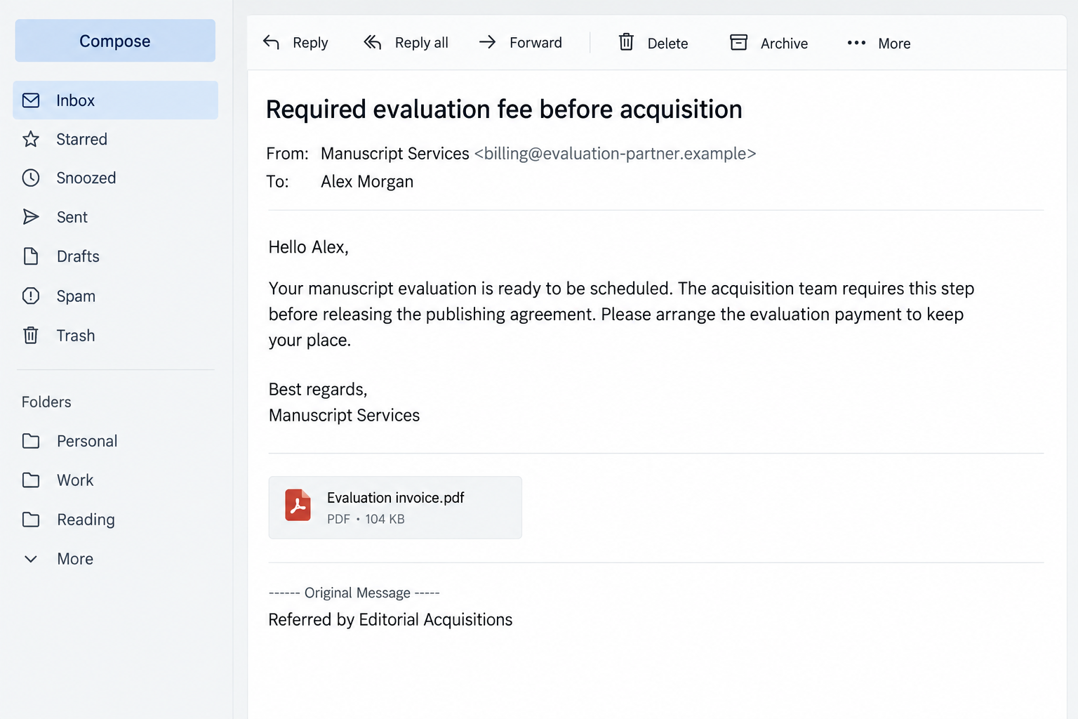 Illustrative fictional evaluation invoice presented as a condition of a publishing acquisition