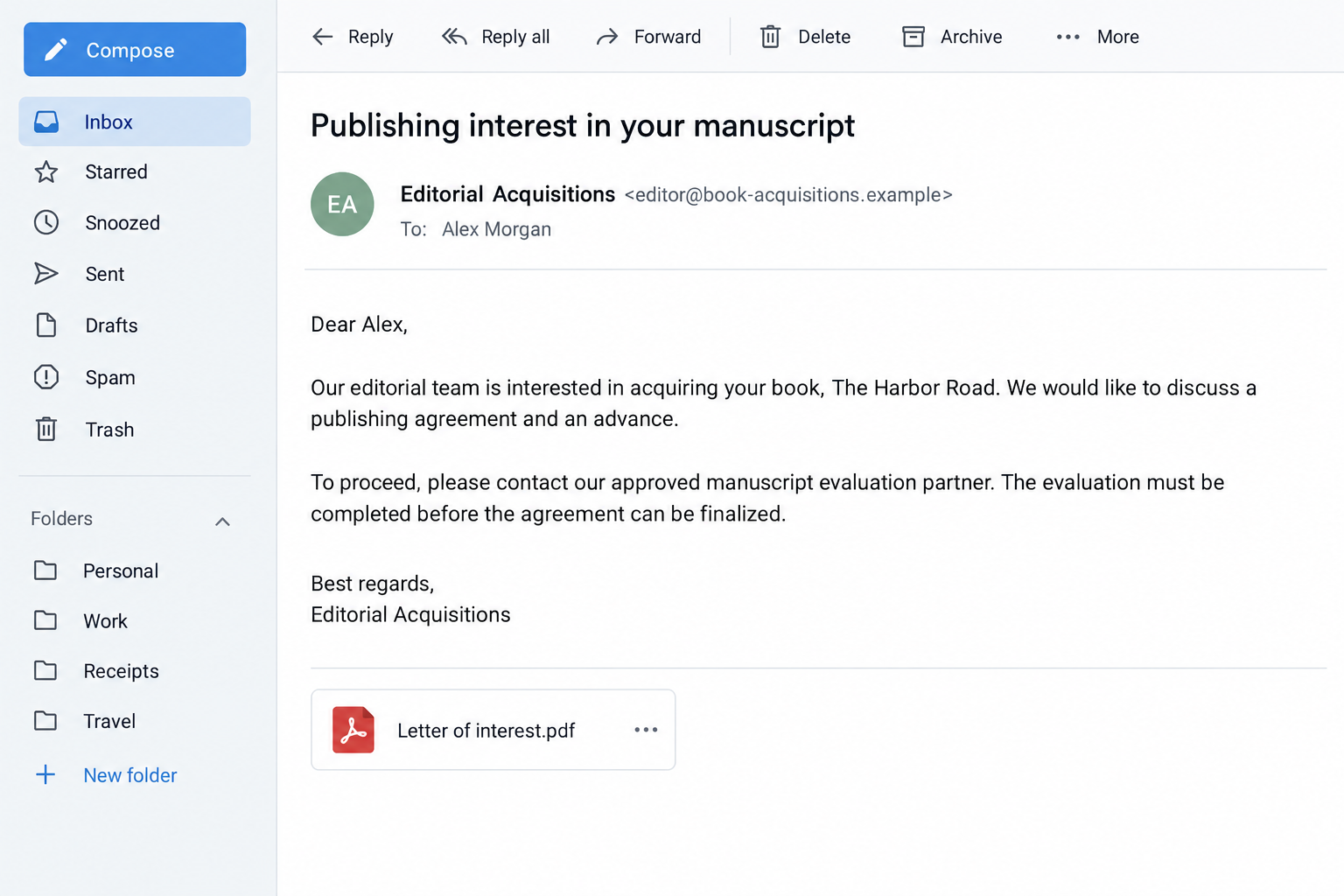 Fictional illustrative acquisition email offering a book advance after an outside evaluation