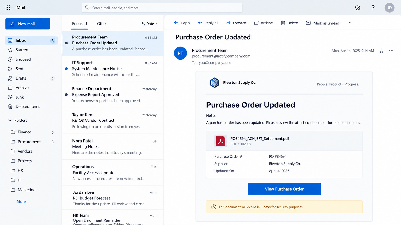 Purchase Order Updated Email Scam: Fake ShareFile PDF Login Trap Exposed 1 Illustrative purchase order update email with a document card and View Purchase Order button