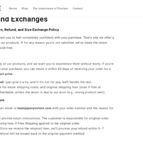 PWR Posture refund page advertising a 60-day Test Run with shipping deductions