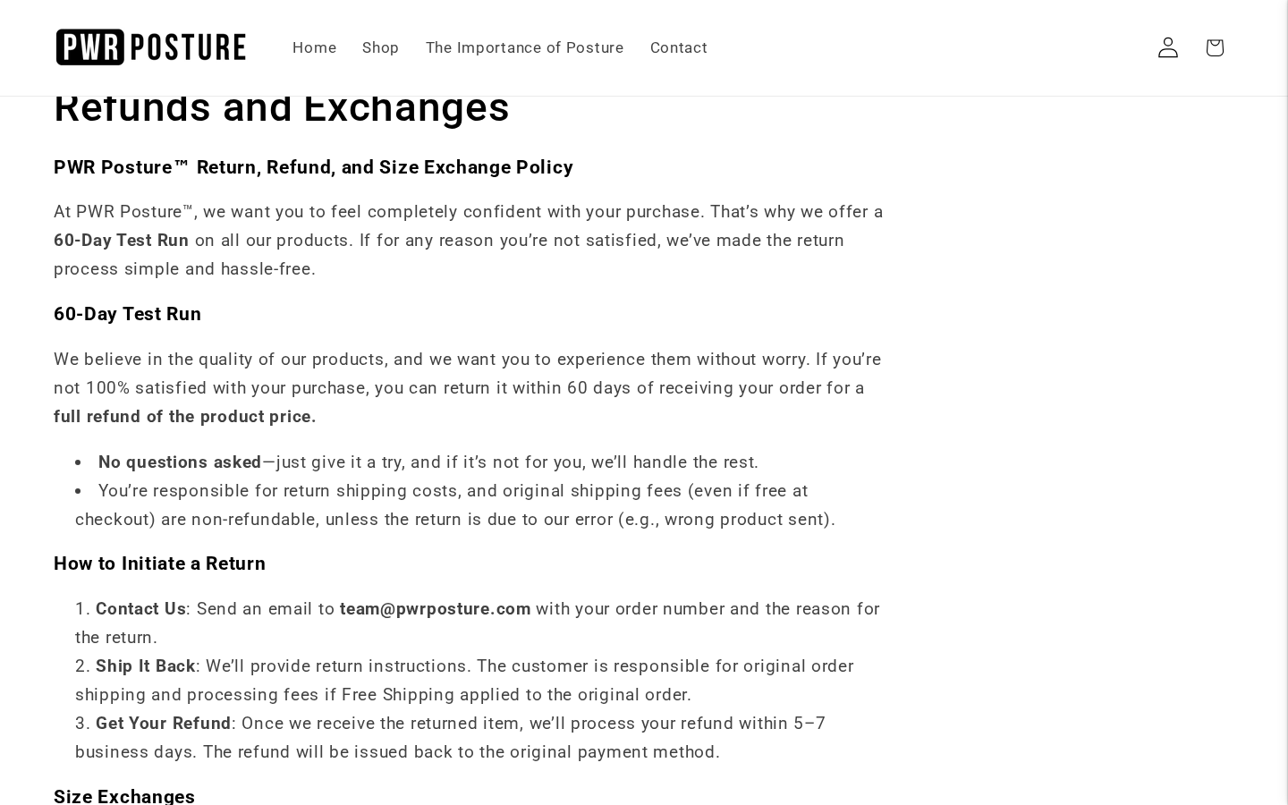 PWR Posture Align Pro Reviews: Refund Conflicts and Health Claims Checked 1 PWR Posture refund page advertising a 60-day Test Run with shipping deductions
