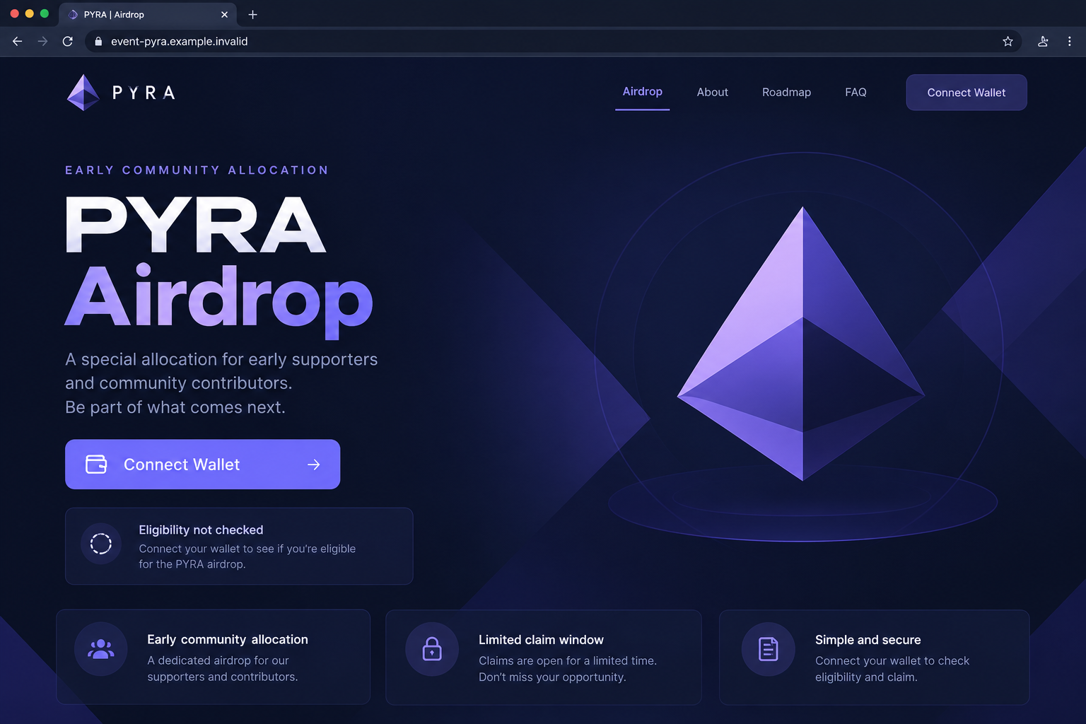 Illustrative PYRA airdrop portal promising an early-community allocation and displaying a Connect Wallet button