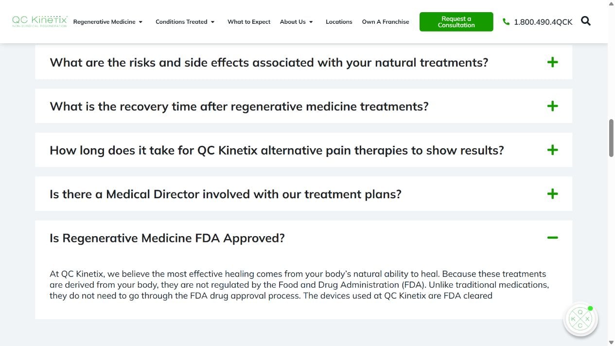 QC Kinetix FAQ claiming own-body treatments are not FDA regulated while its equipment is FDA cleared