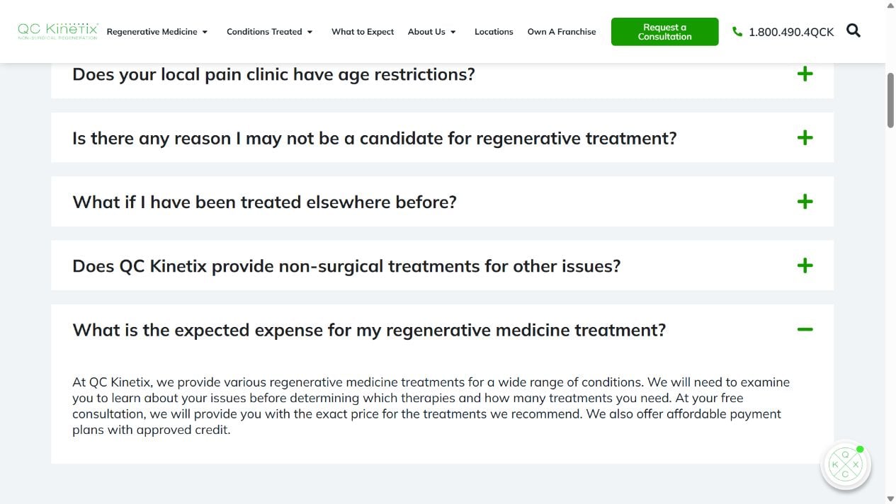 QC Kinetix FAQ explaining individualized treatment pricing and payment plans