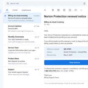 Illustrative reconstruction of a QuickBooks-style invoice email claiming a Norton renewal