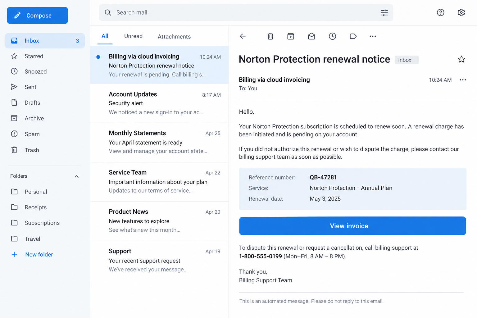 QuickBooks Norton Renewal Scam: A Fake Invoice and a Phone Callback Trap 1 Illustrative reconstruction of a QuickBooks-style invoice email claiming a Norton renewal