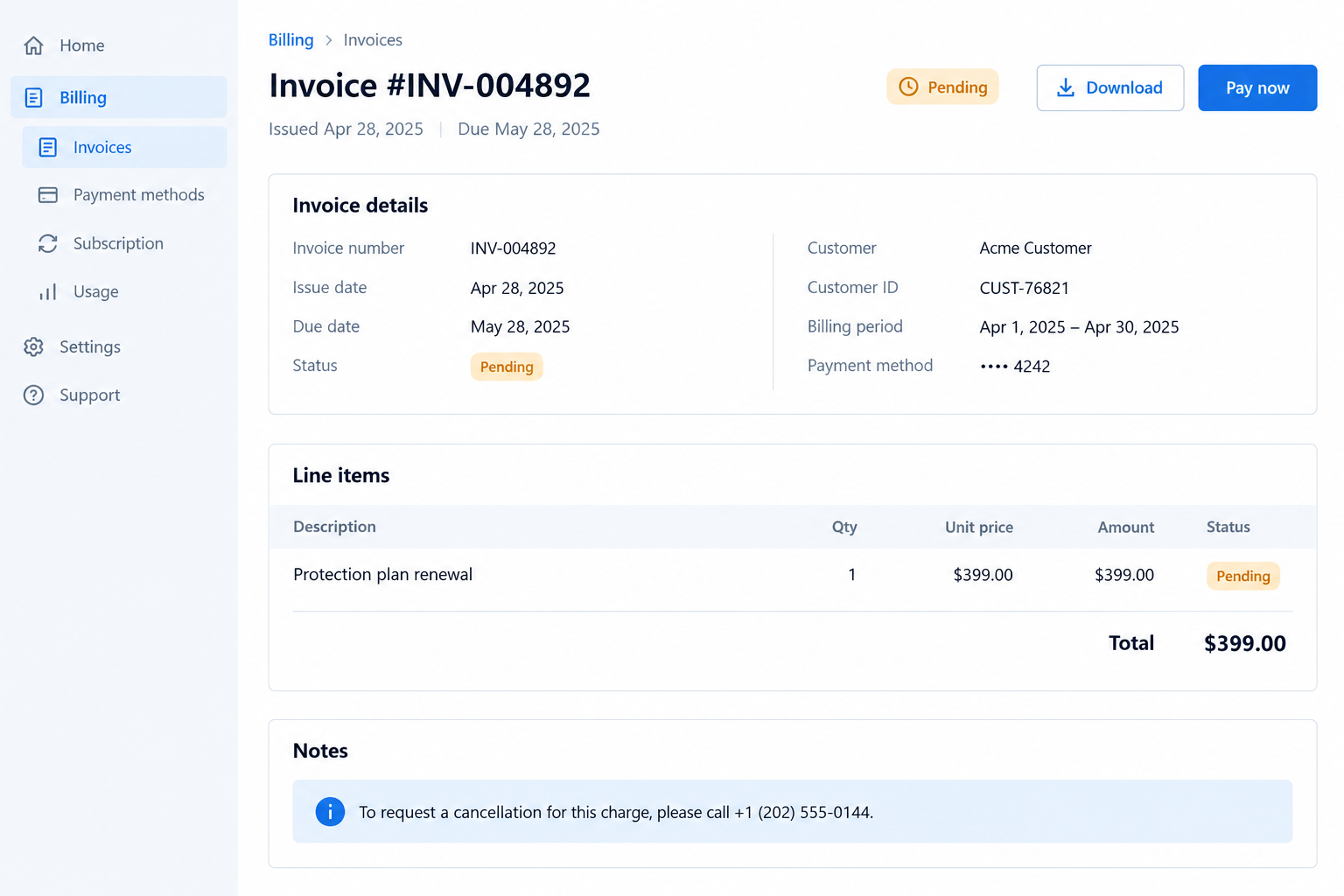 QuickBooks Norton Renewal Scam: A Fake Invoice and a Phone Callback Trap 2 Illustrative reconstruction of a disputed protection-plan invoice with a callback number
