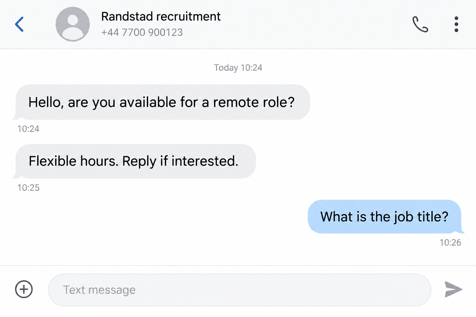 Illustrative reconstruction of a text impersonating a Randstad recruiter