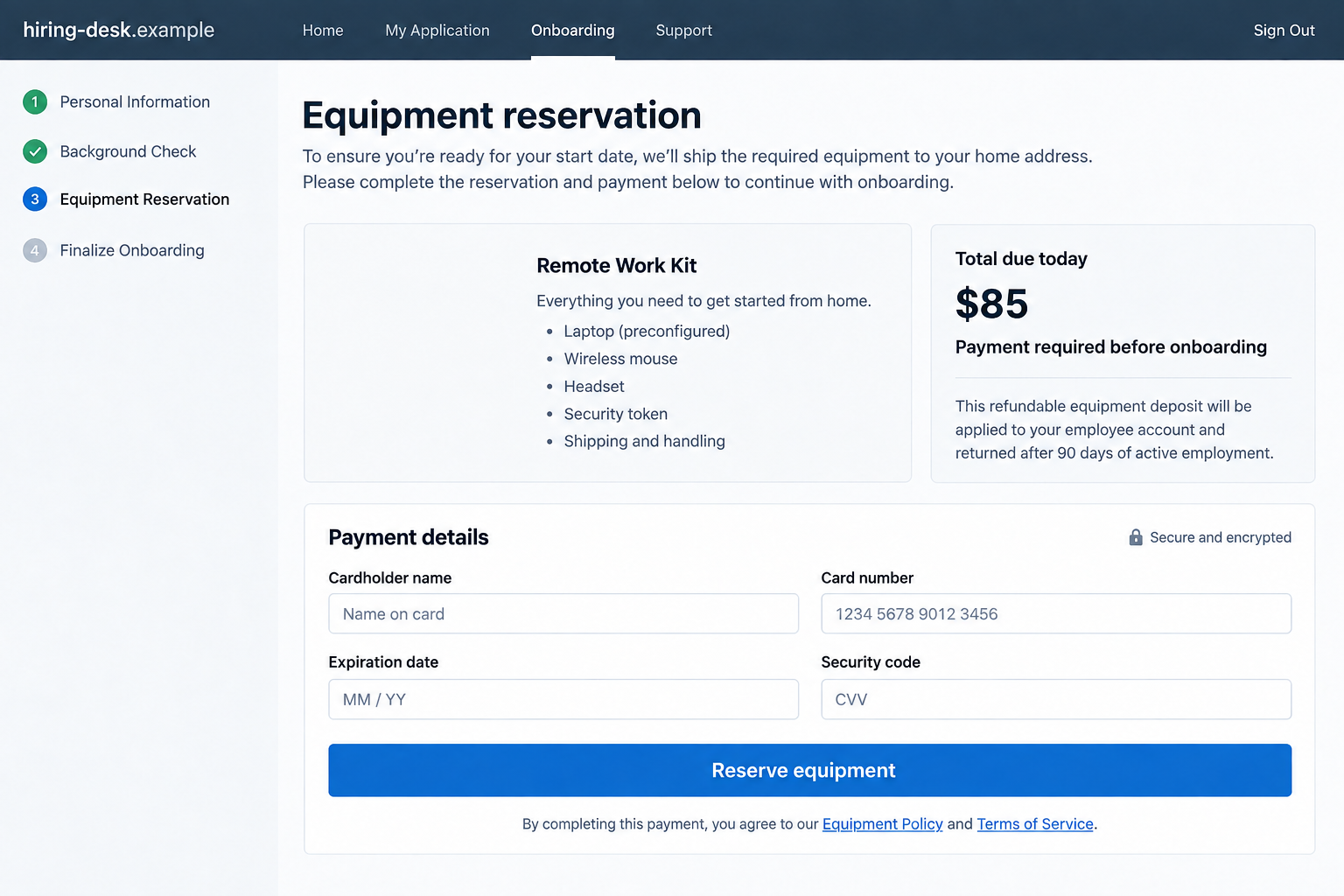 Illustrative reconstruction of an unverified equipment reservation payment page