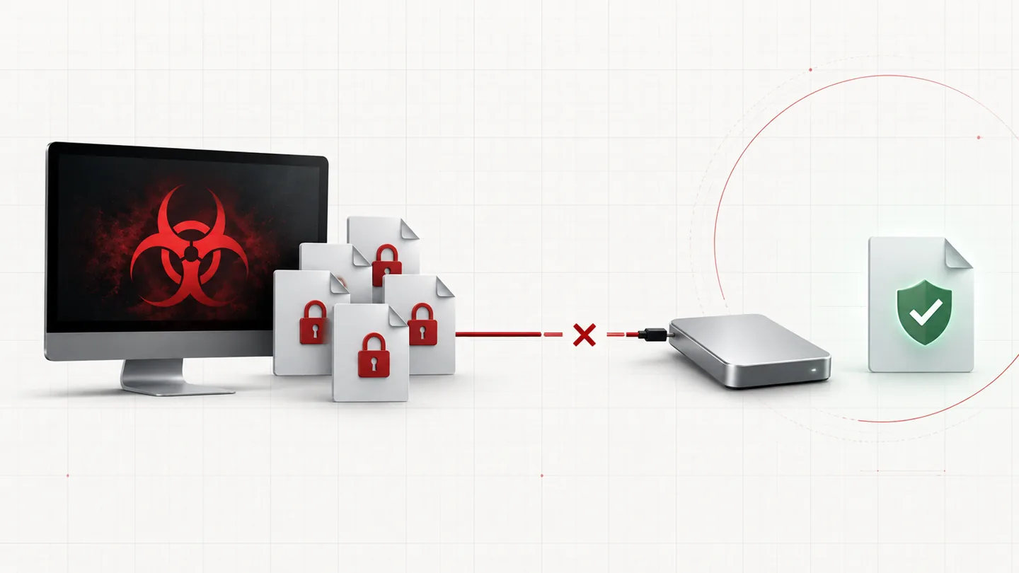 Illustration of an isolated computer, encrypted files, and a disconnected recovery backup