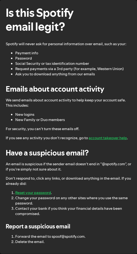 Rateify.online Spotify Scam: The $36 Job Pitch and Where It Leads Today 1 Spotify's genuine support warning about suspicious emails, sensitive information, downloads and reporting impersonation