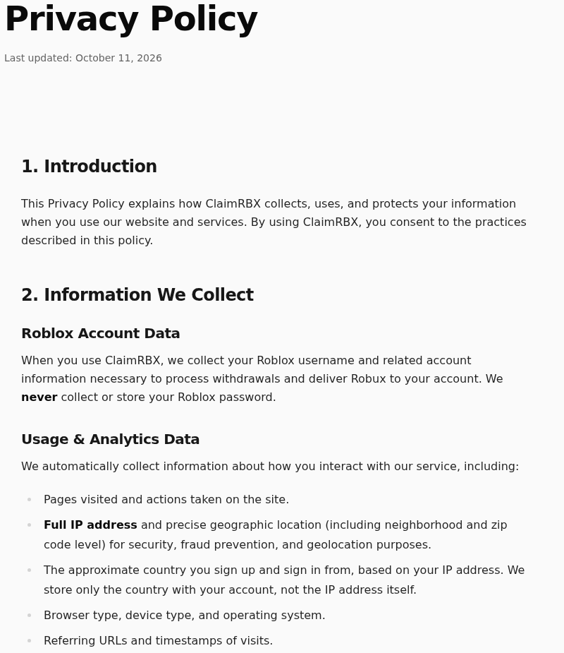 Rbxreal.click, ClaimRBX and Bloxclaim: Free Robux Claims Explained Clearly 3 ClaimRBX privacy policy describing username information, full IP addresses, and geographic data