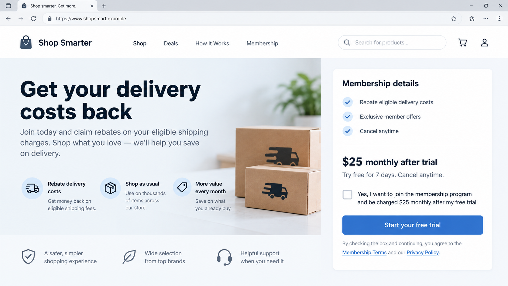 ShipmentsFree Rebate Charges: Is the Shipping Refund Offer Worth the Risk? 1 Illustrative generic shipping rebate membership offer with visible monthly price