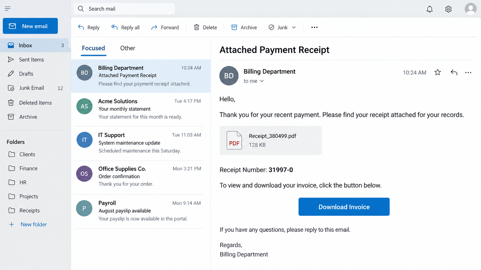 Attached Payment Receipt Email Scam: Fake Adobe Download and RAT Warning 1 Illustrative payment receipt email with PDF filename and Download Invoice button