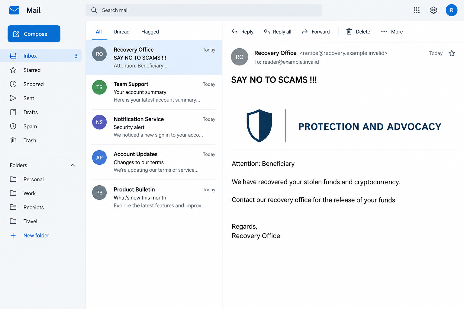 Illustrative recovery email using the SAY NO TO SCAMS subject and a claim that stolen cryptocurrency is ready for release