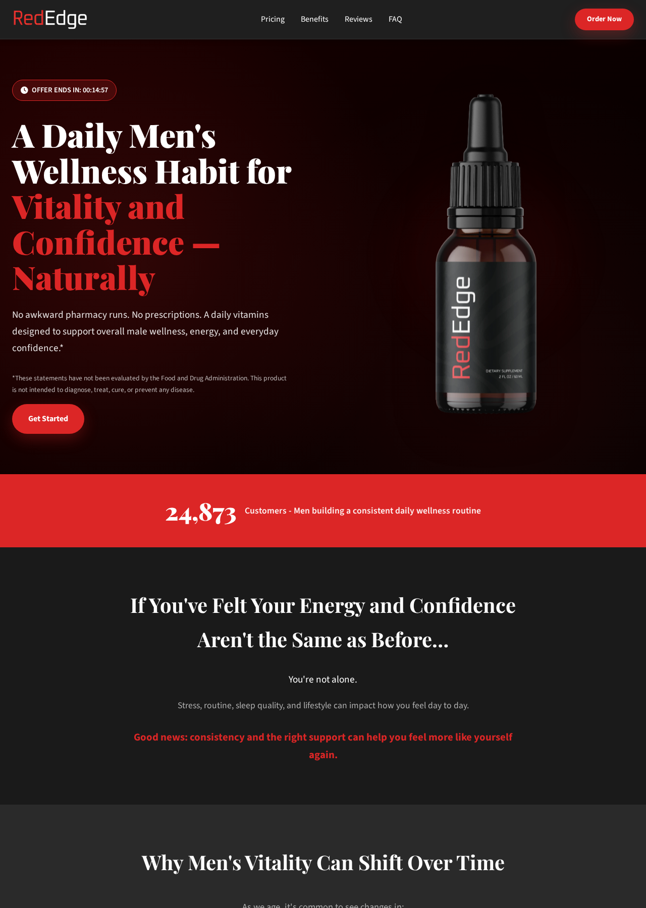 RedEdge dropper bottle advertised for male wellness, energy and confidence