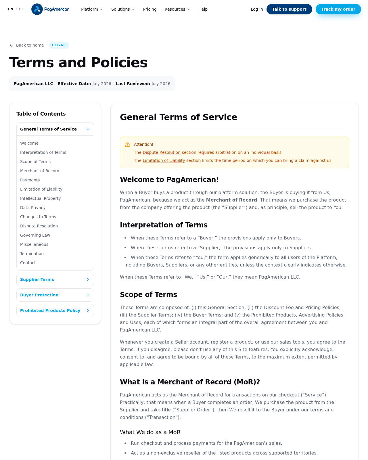 PagAmerican terms identifying its merchant-of-record role for purchases through its platform