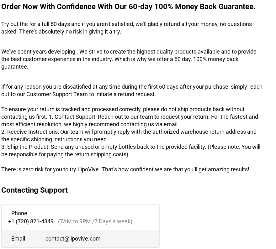 LipoVive refund policy showing the sixty-day promise, return instructions and published support phone and email
