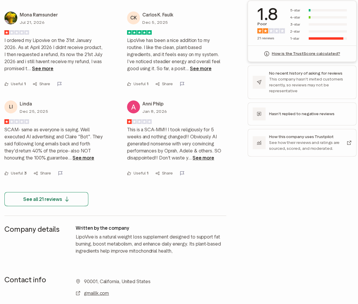 Trustpilot feedback displayed under a LipoVive profile with a 1.8 score and a different listed website, gmaillk.com