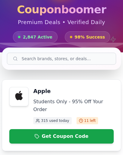 CouponBoomer Scam Exposed: Fake Apple Coupon Codes and Verification Traps 1 CouponBoomer mobile page promoting a student Apple discount of 95% and displaying usage and remaining-coupon counters