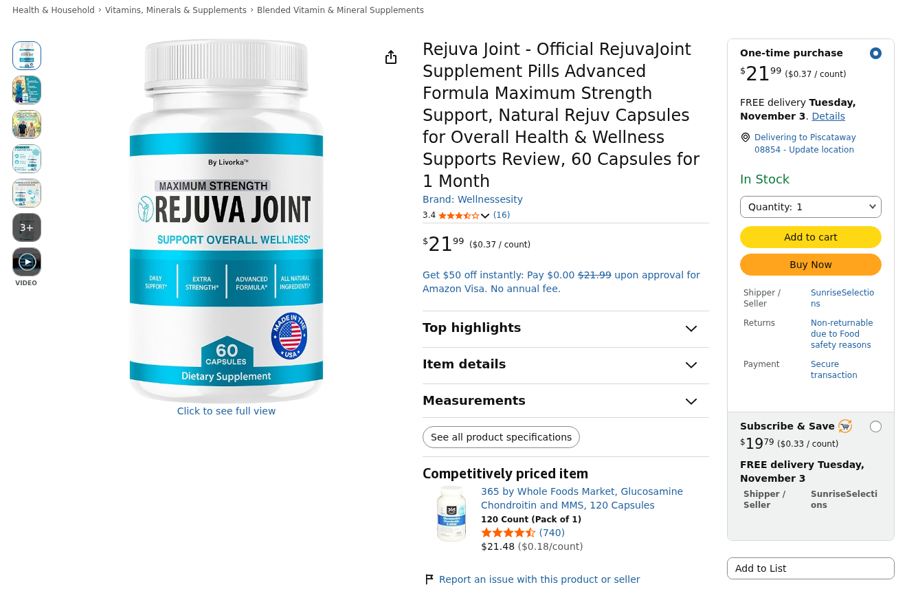 Amazon listing for Rejuva Joint capsules at 21.99 sold by SunriseSelections under the brand Wellnessesity, with 3.4 stars from 16 ratings and a non-returnable label