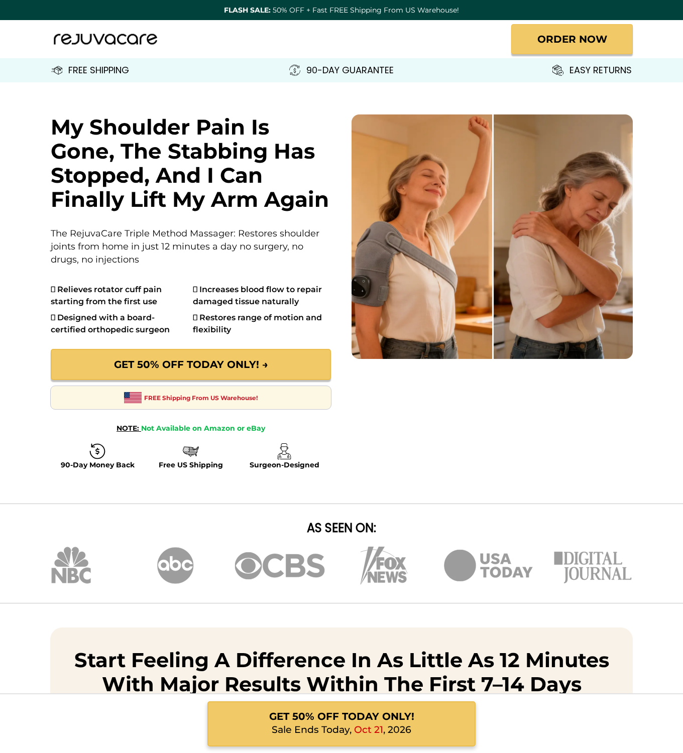 RejuvaCare shoulder massager promotion promising restored joints and showing surgeon-designed and money-back claims