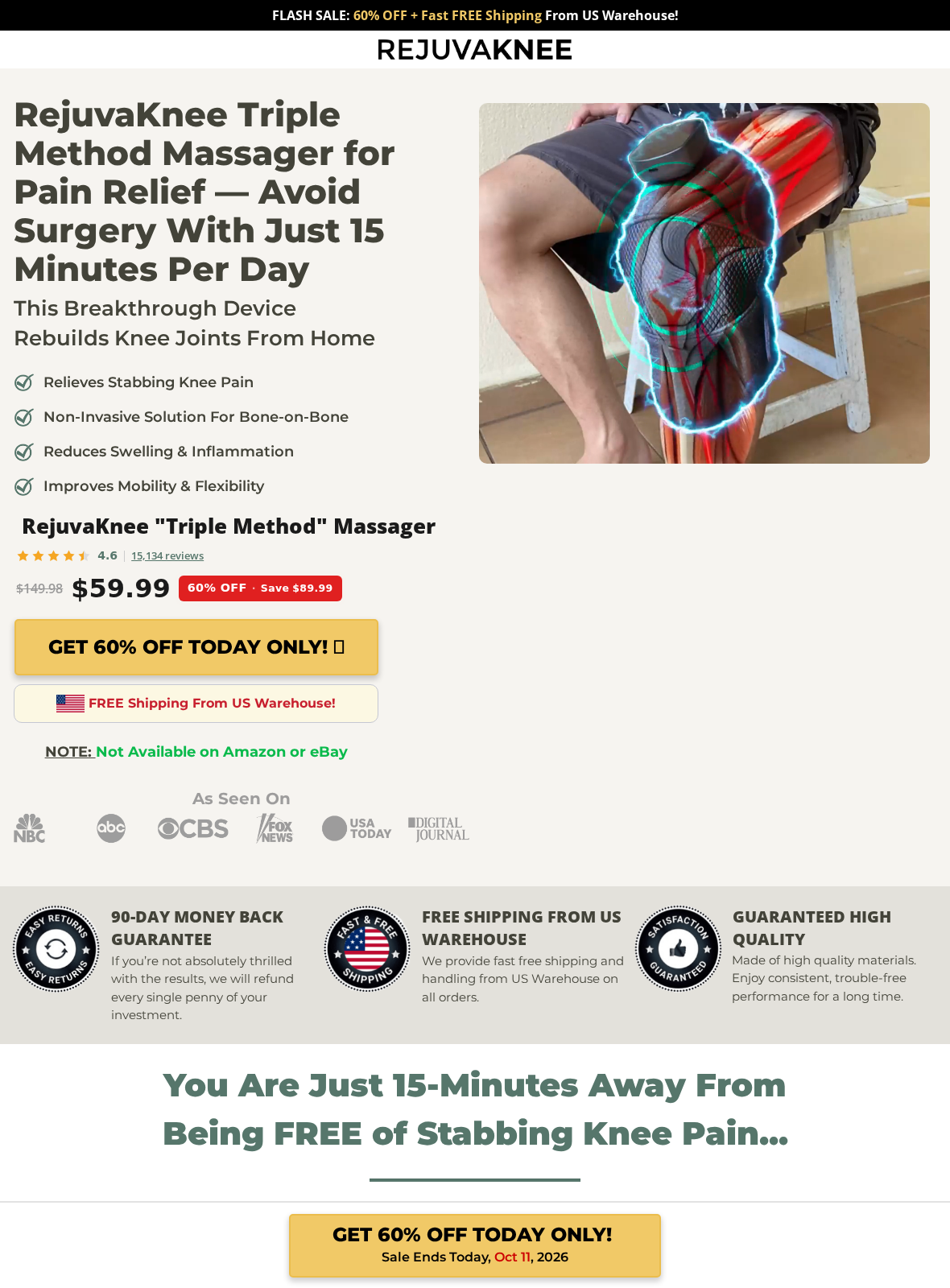 RejuvaKnee promotional page promising joint rebuilding and avoiding surgery with a 90-day money-back claim
