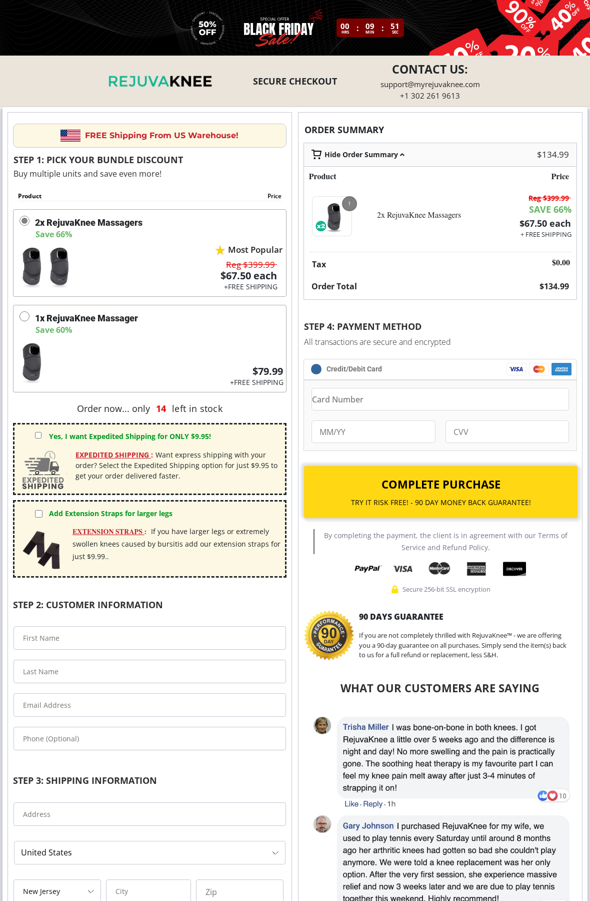 RejuvaKnee order page showing two devices selected and a displayed order total before customer details are entered