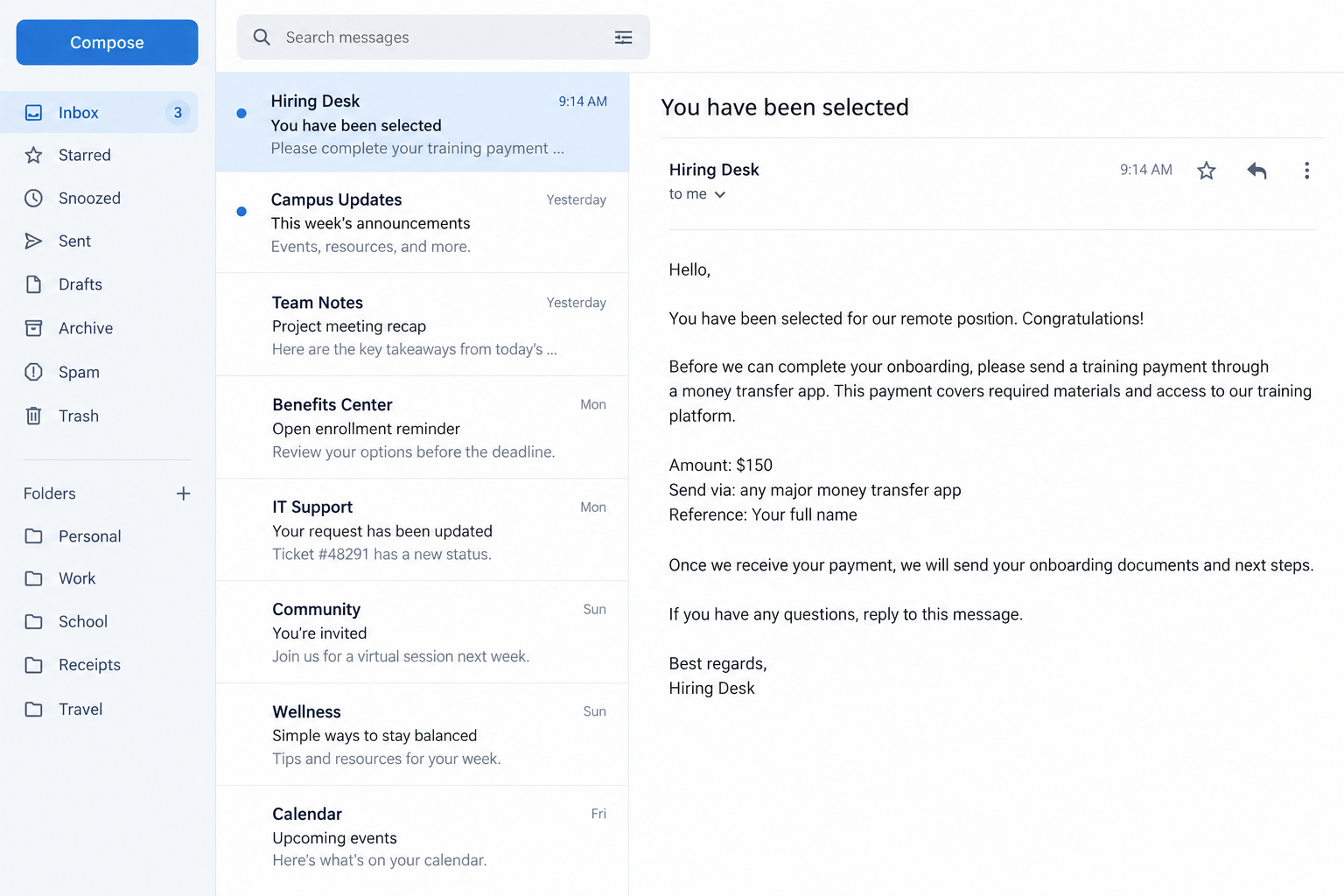 Remitly Payment Scams: Fake Jobs, Urgent Transfers and Account Abuse Risks 1 Illustrative flat-screen reconstruction of a fake recruiting email asking for a money transfer