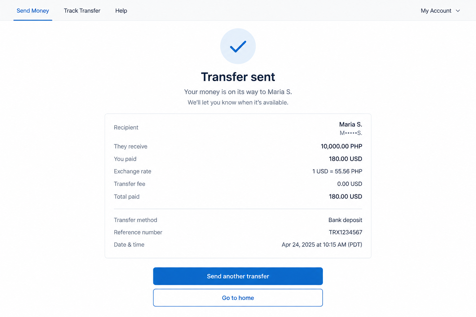 Remitly Payment Scams: Fake Jobs, Urgent Transfers and Account Abuse Risks 2 Illustrative flat-screen money-transfer confirmation showing a payment sent to a named recipient