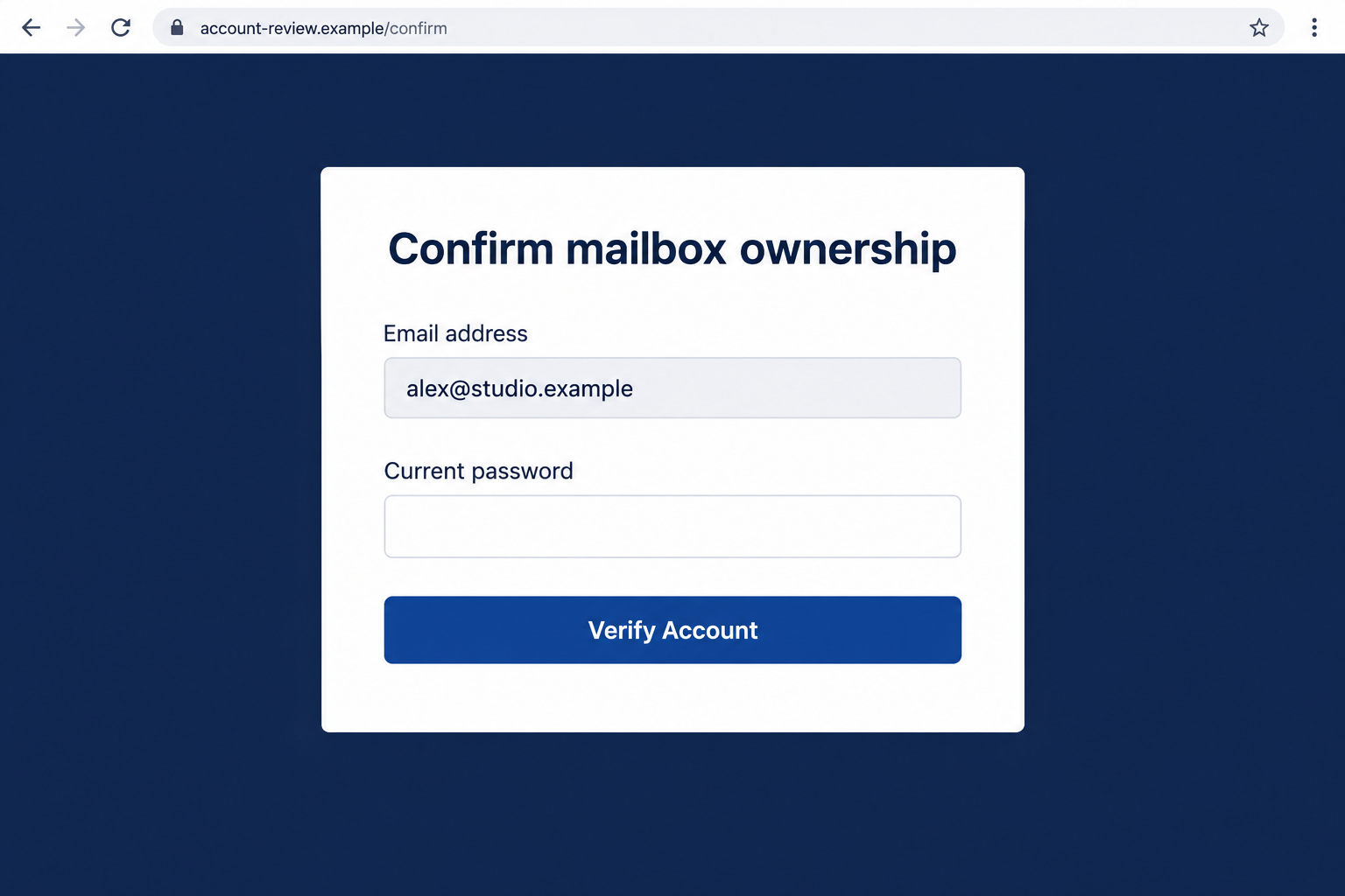 Account Renewal Notice Email Scam: Fake Confirmation and Password Theft 2 Illustrative generic mailbox ownership form collecting an email address and current password on a fictional confirmation domain